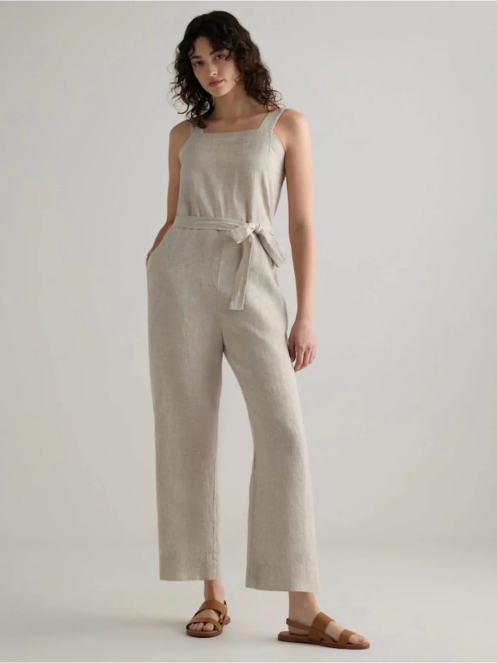 Quince Light Beige Sleeveless Linen Jumpsuit with Tie Waist No Belt adjustable